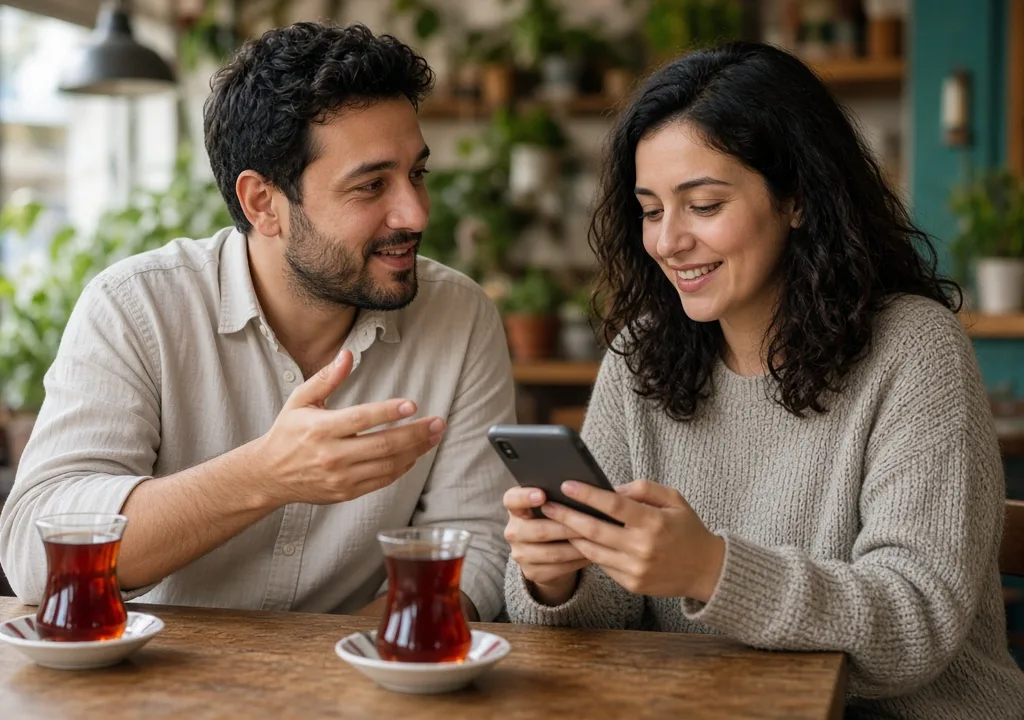Kafede çay içerken telefona birlikte bakıp sohbet eden iki arkadaş